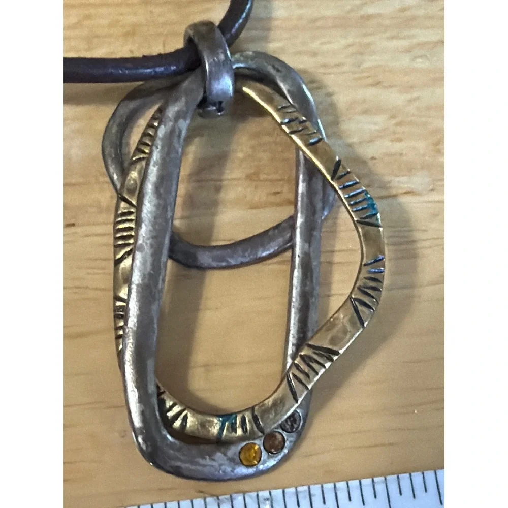 Artisan Mixed Metal Interlocking Rings Cord Necklace Silver‎ Brass Tone Boho